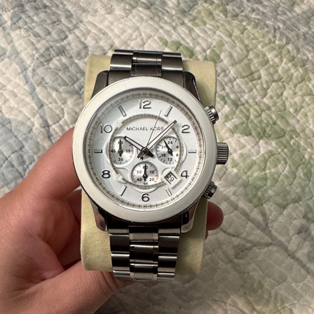 Michael Kors #MK-8108 silver and white chronograph watch